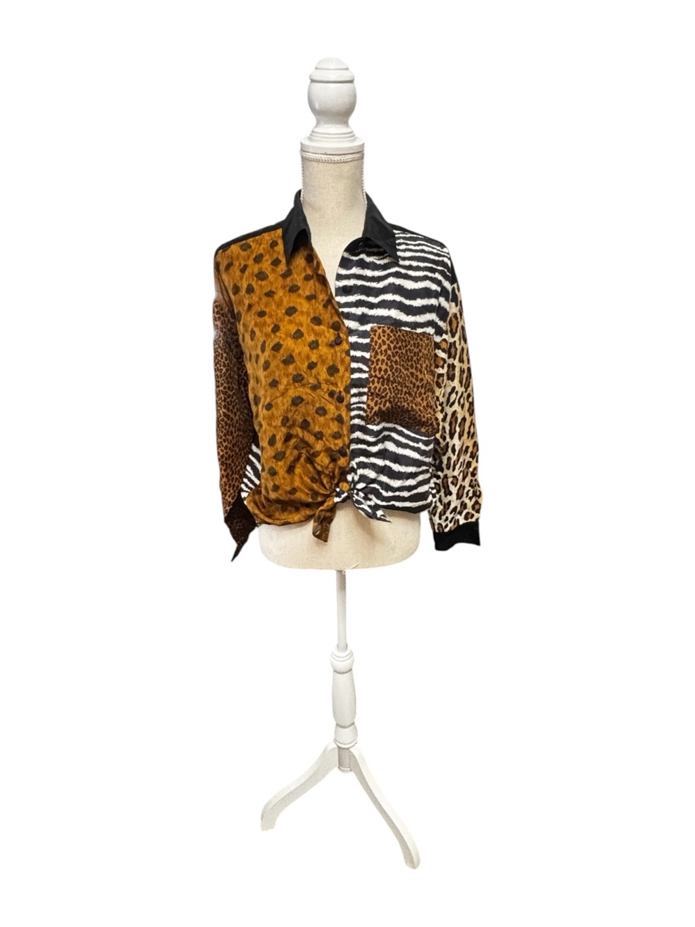 Vintage Silk Animal Print Mixed-Pattern Button-Up Blouse